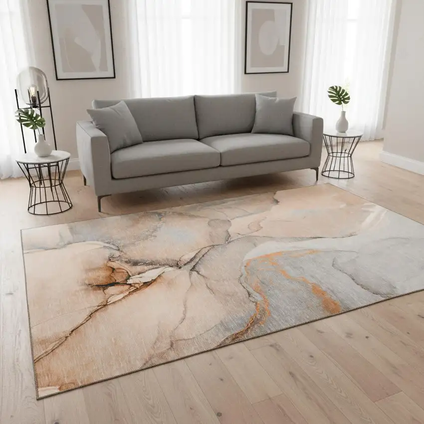 Orange Gray And Ivory Abstract Washable Area Rug With UV Protection Photo 2