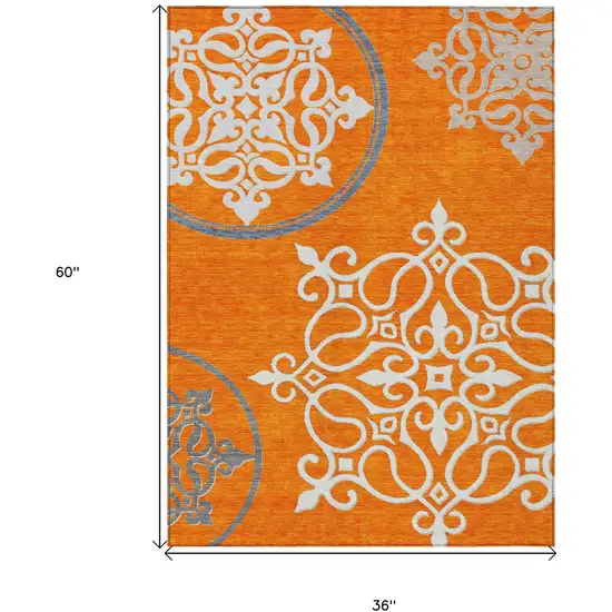 Orange Gray And Ivory Floral Medallion Washable Indoor Outdoor Area Rug Photo 3