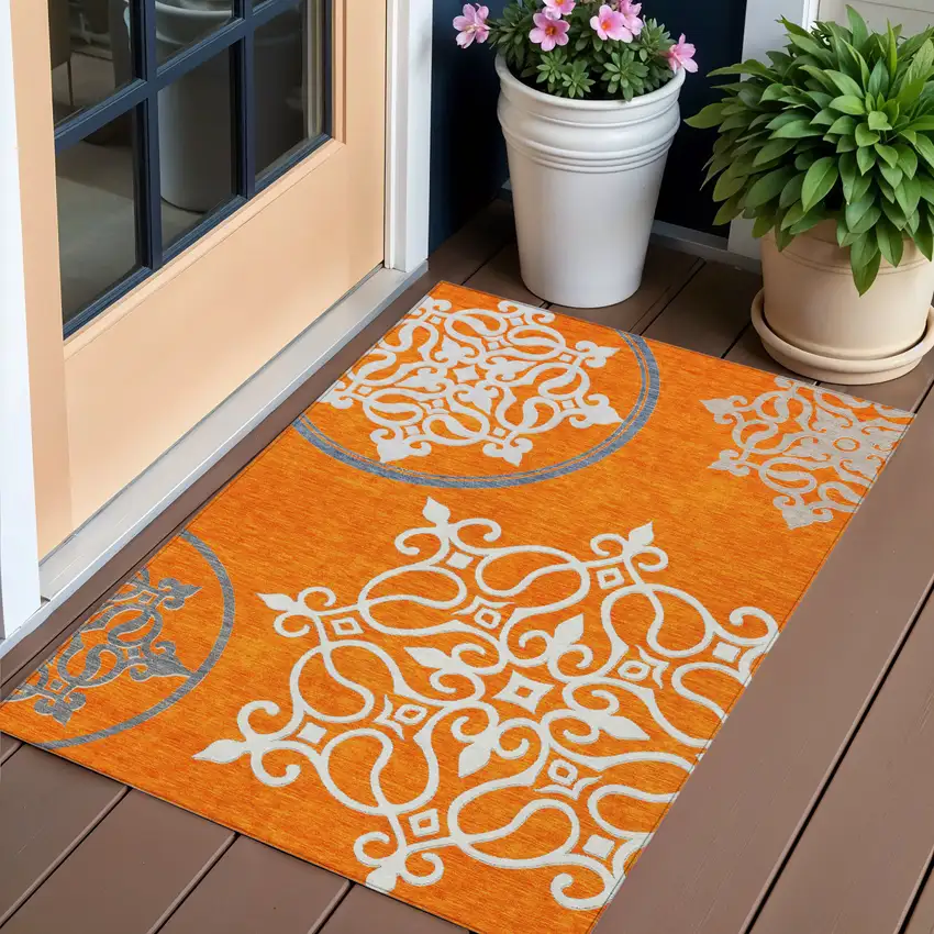 Orange Gray And Ivory Floral Medallion Washable Indoor Outdoor Area Rug Photo 1