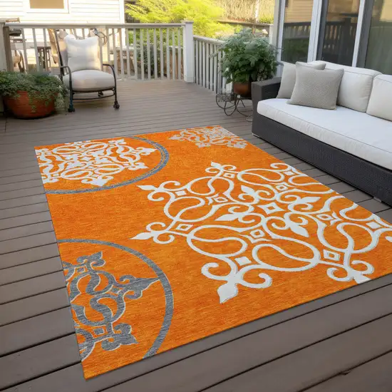 Orange Gray And Ivory Floral Medallion Washable Indoor Outdoor Area Rug Photo 9