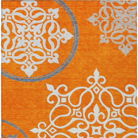 Orange Gray And Ivory Floral Medallion Washable Indoor Outdoor Area Rug Photo 6