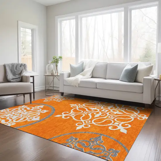 Orange Gray And Ivory Floral Medallion Washable Indoor Outdoor Area Rug Photo 9
