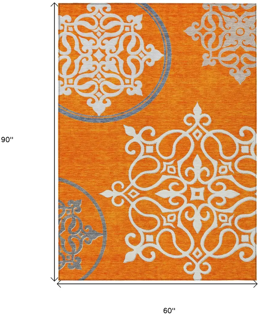 Orange Gray And Ivory Floral Medallion Washable Indoor Outdoor Area Rug Photo 7