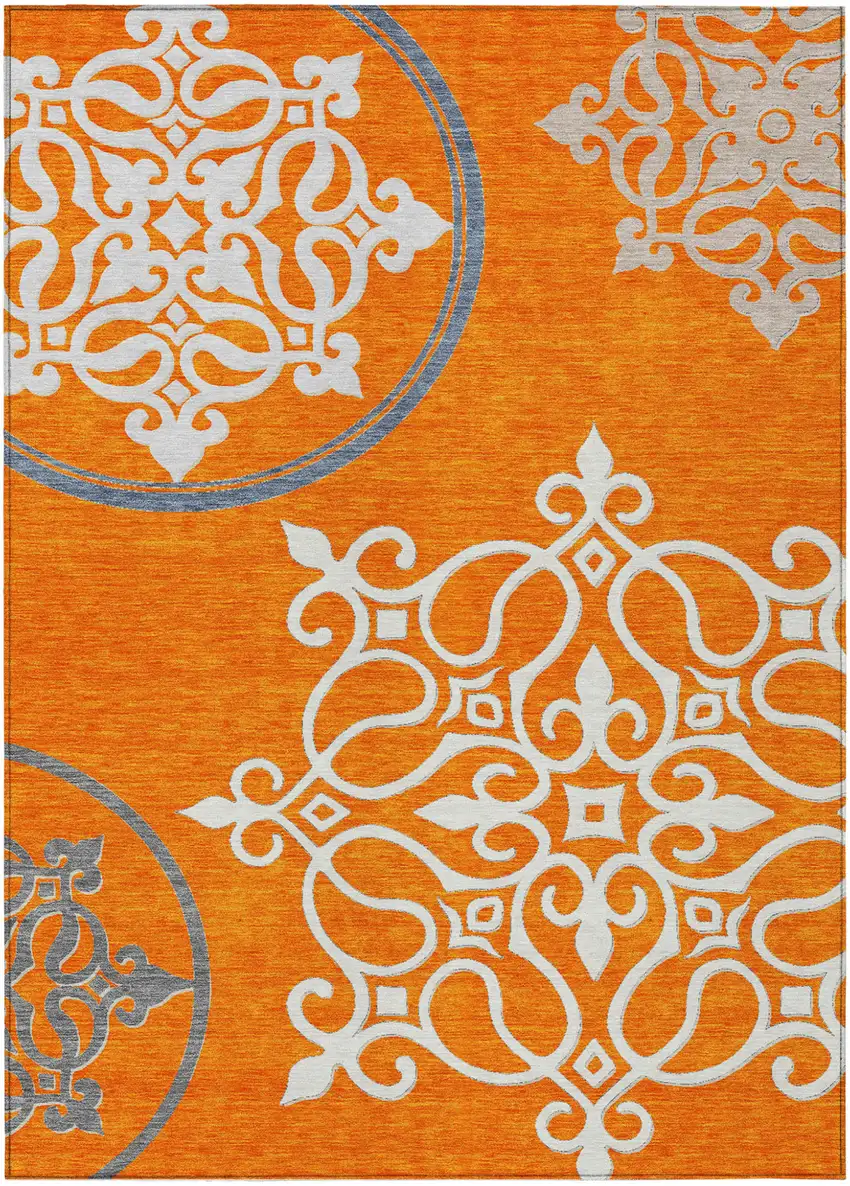 Orange Gray And Ivory Floral Medallion Washable Indoor Outdoor Area Rug Photo 1