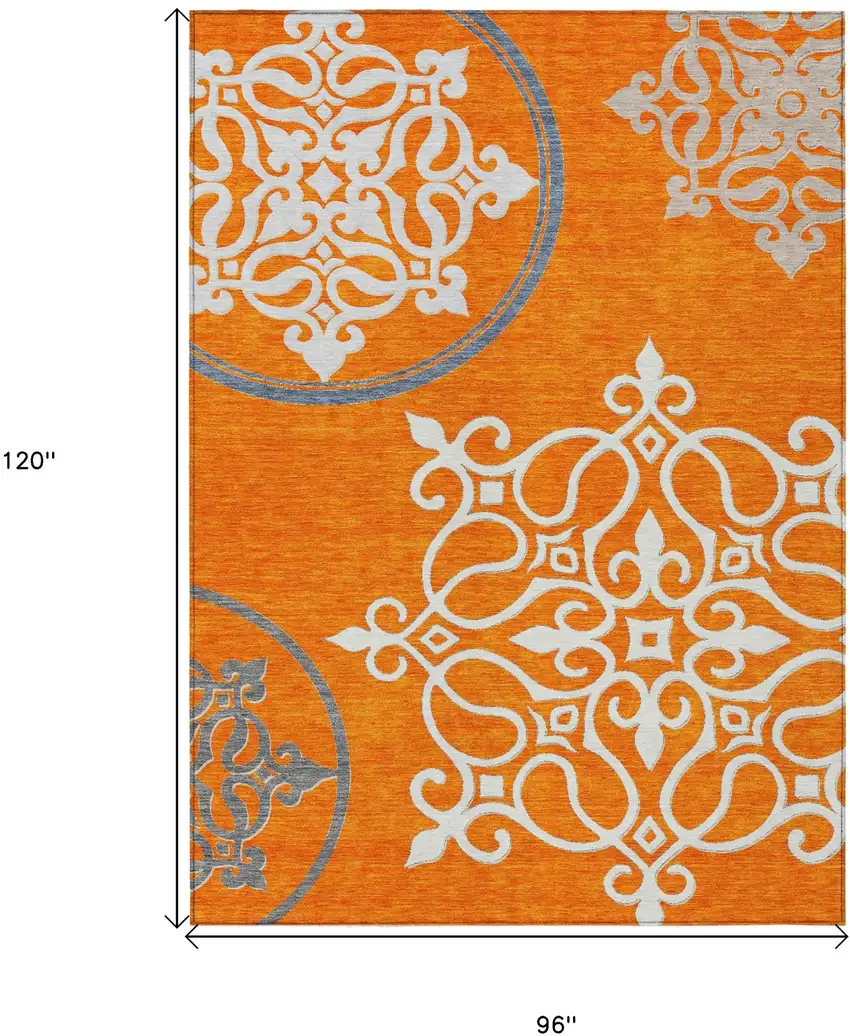 Orange Gray And Ivory Floral Medallion Washable Indoor Outdoor Area Rug Photo 3