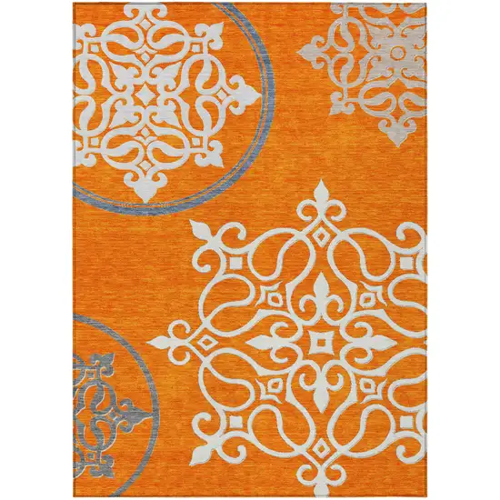 Orange Gray And Ivory Floral Medallion Washable Indoor Outdoor Area Rug Photo 2