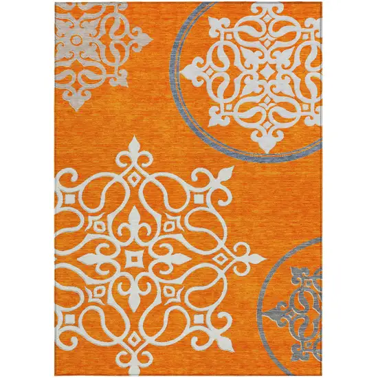 Orange Gray And Ivory Floral Medallion Washable Indoor Outdoor Area Rug Photo 6