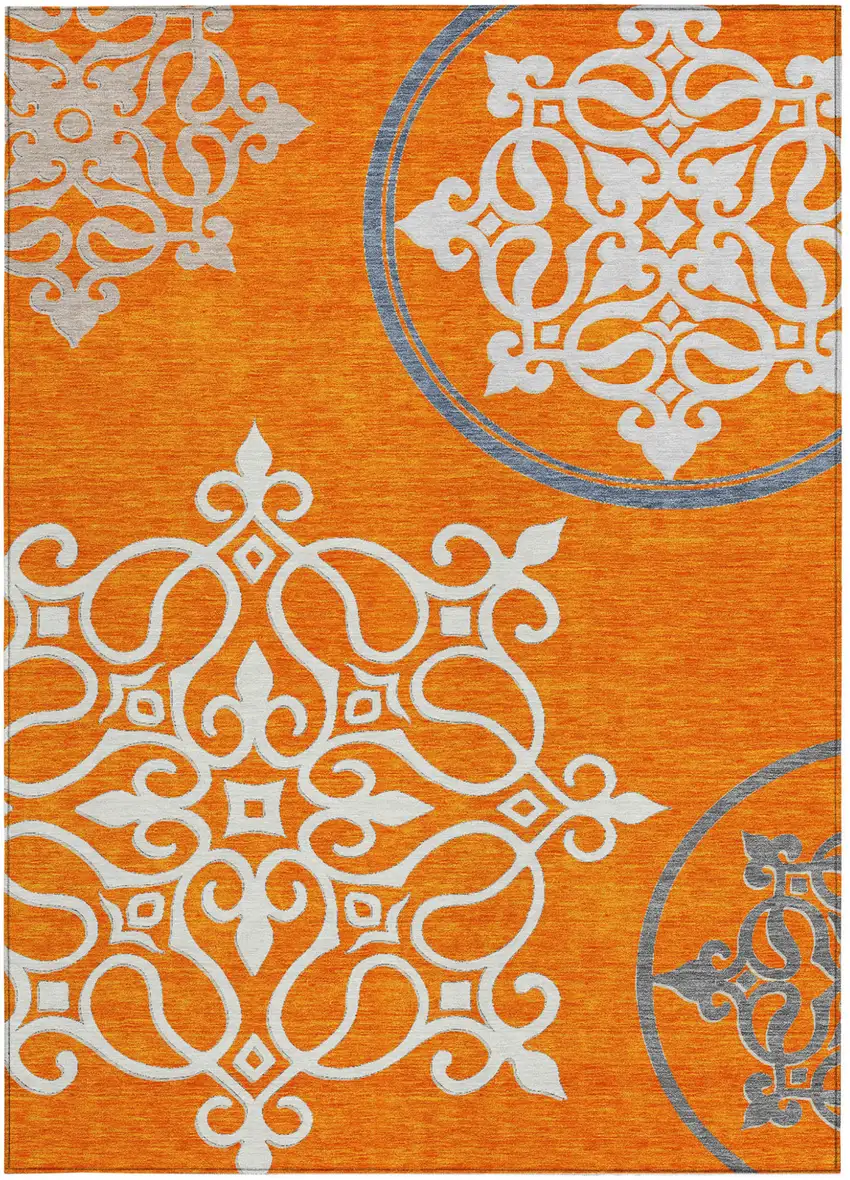 Orange Gray And Ivory Floral Medallion Washable Indoor Outdoor Area Rug Photo 6