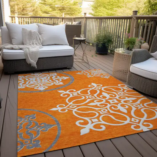 Orange Gray And Ivory Floral Medallion Washable Indoor Outdoor Area Rug Photo 9