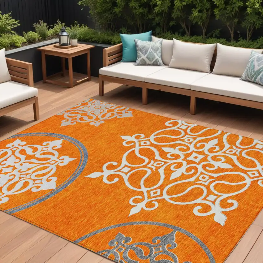 Orange Gray And Ivory Floral Medallion Washable Indoor Outdoor Area Rug Photo 1