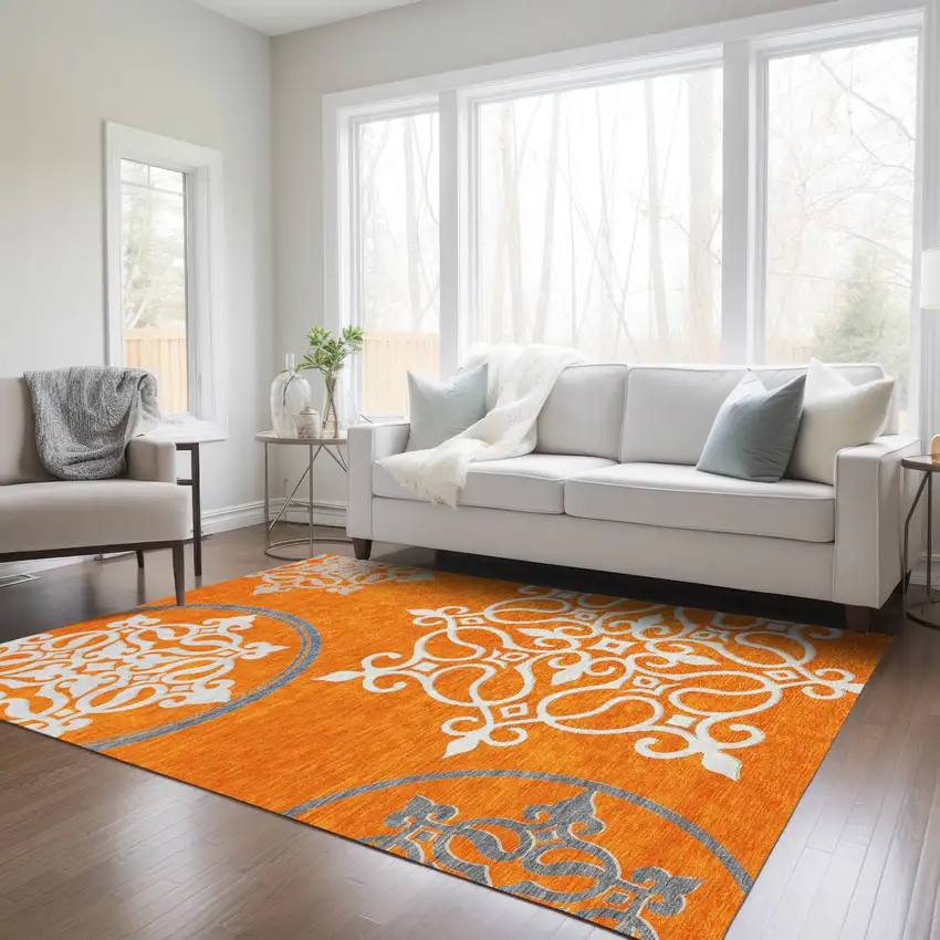 Orange Gray And Ivory Floral Medallion Washable Indoor Outdoor Area Rug Photo 9