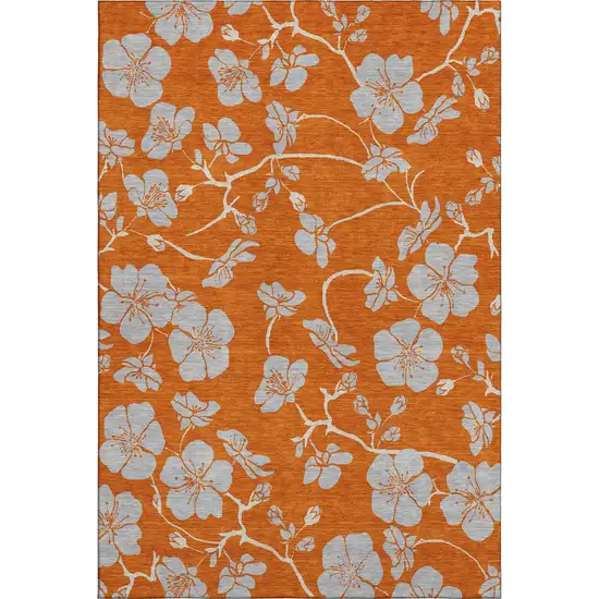 Orange Gray And Ivory Floral Washable Area Rug With UV Protection Photo 1