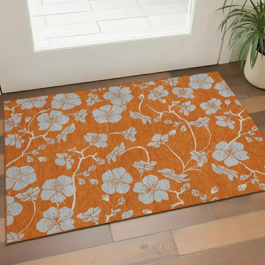Orange Gray And Ivory Floral Washable Area Rug With UV Protection Photo 2
