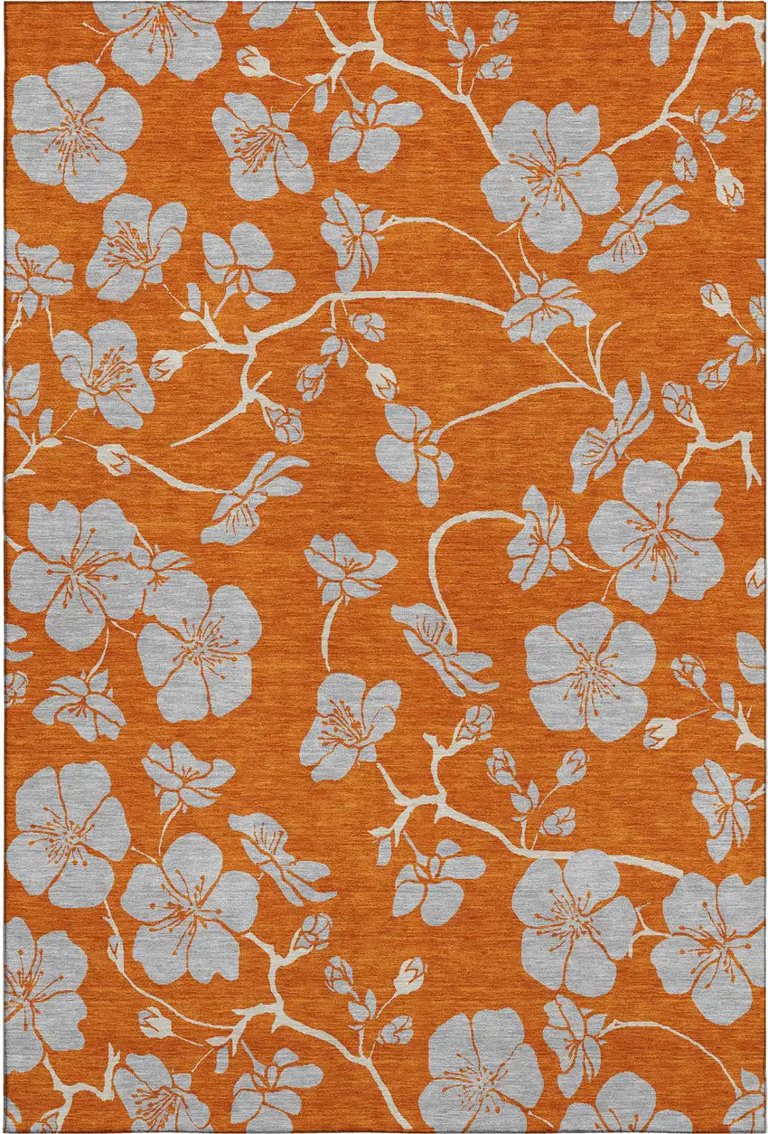 Orange Gray And Ivory Floral Washable Area Rug With UV Protection Photo 1