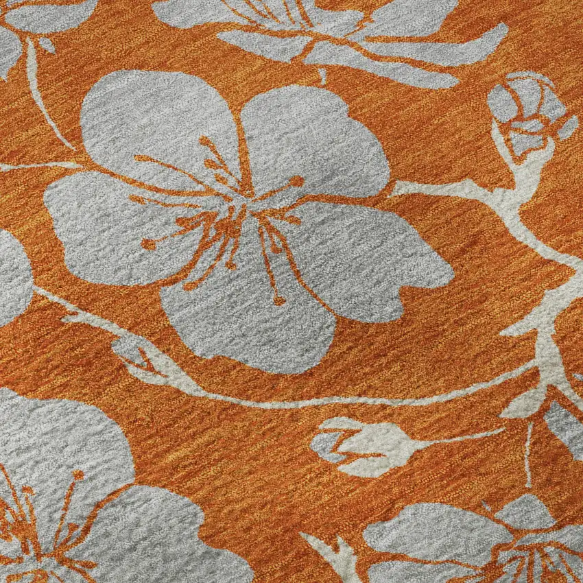 Orange Gray And Ivory Floral Washable Area Rug With UV Protection Photo 9