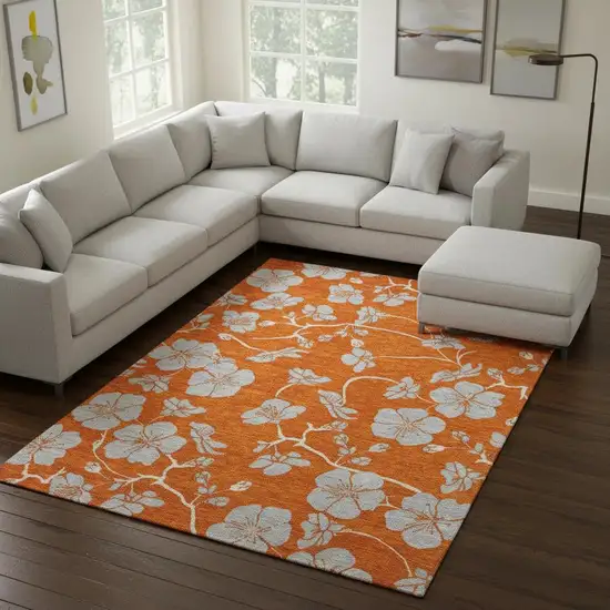 Orange Gray And Ivory Floral Washable Area Rug With UV Protection Photo 2
