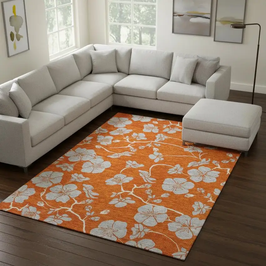 Orange Gray And Ivory Floral Washable Area Rug With UV Protection Photo 2