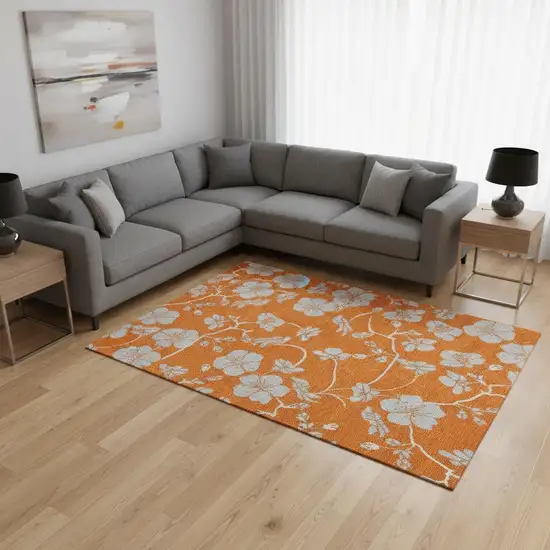 Orange Gray And Ivory Floral Washable Area Rug With UV Protection Photo 2