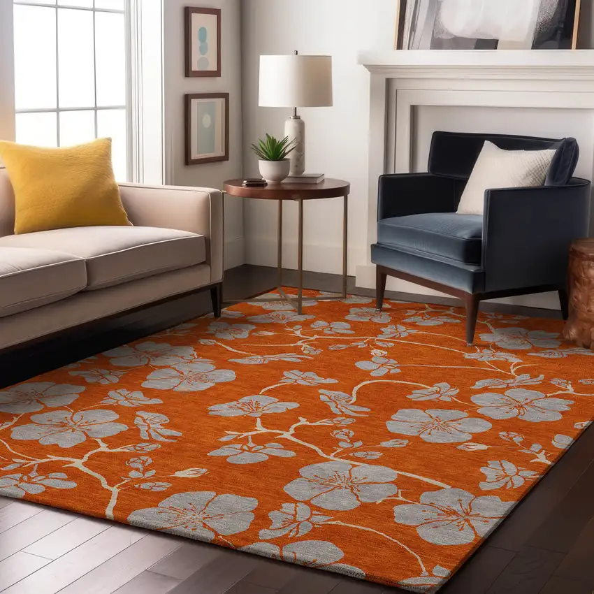 Orange Gray And Ivory Floral Washable Area Rug With UV Protection Photo 4