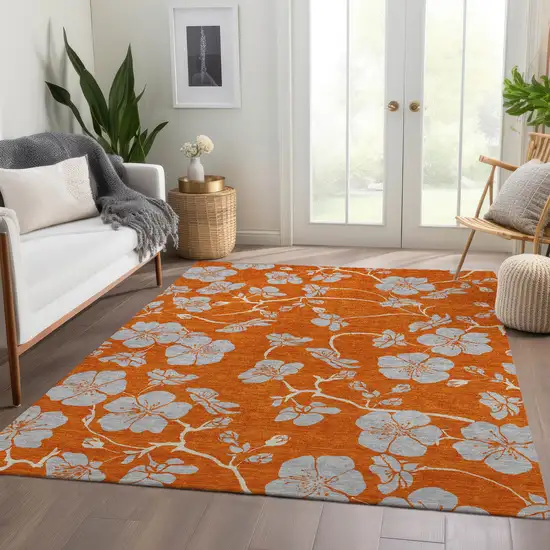 Orange Gray And Ivory Floral Washable Area Rug With UV Protection Photo 5