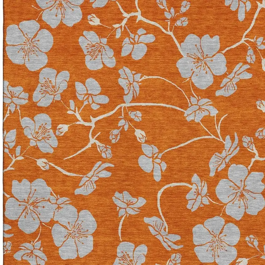 Orange Gray And Ivory Floral Washable Area Rug With UV Protection Photo 2