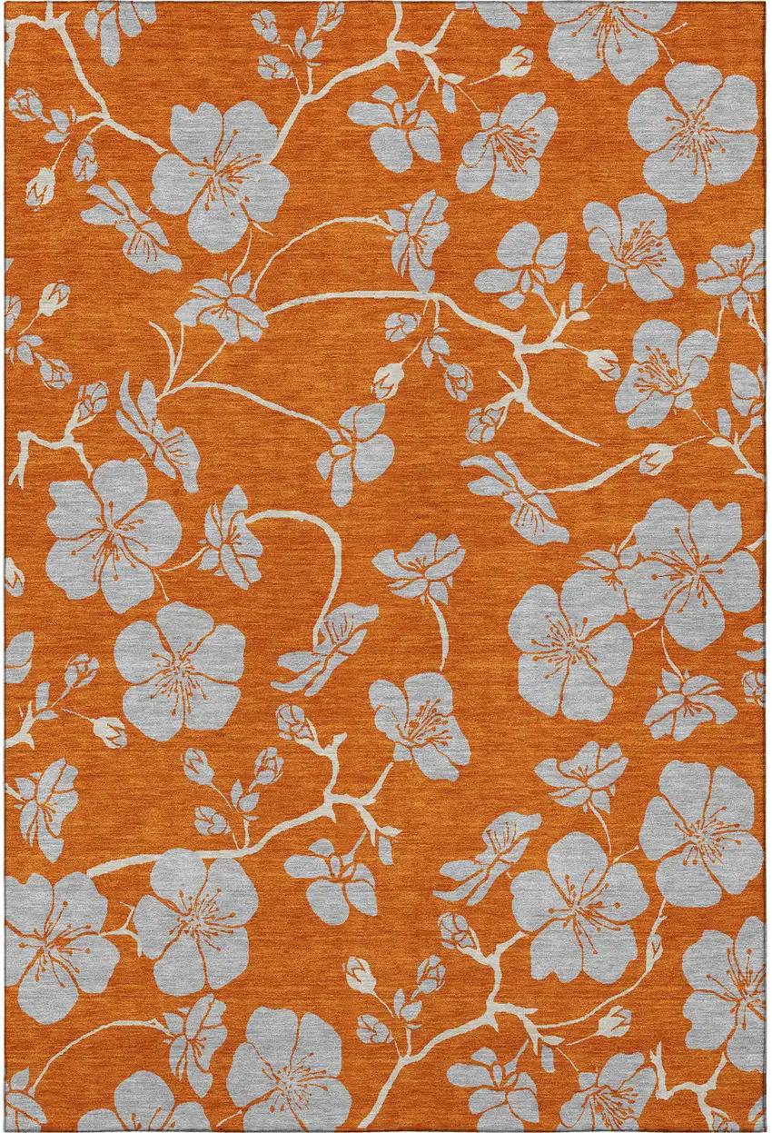 Orange Gray And Ivory Floral Washable Area Rug With UV Protection Photo 3