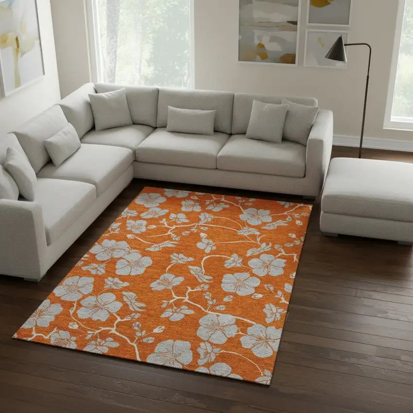 Orange Gray And Ivory Floral Washable Area Rug With UV Protection Photo 2