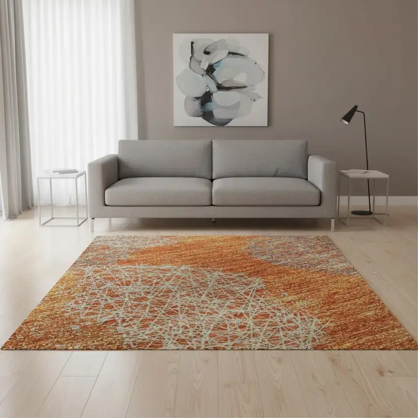 Orange Gray And Silver Abstract Washable Area Rug With UV Protection Photo 2