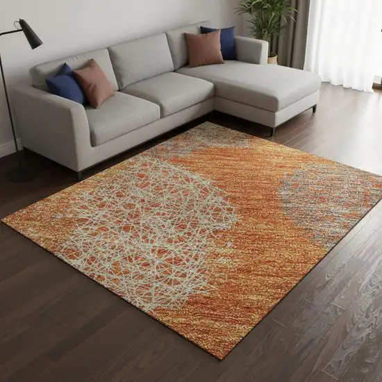 Orange Gray And Silver Abstract Washable Area Rug With UV Protection Photo 2