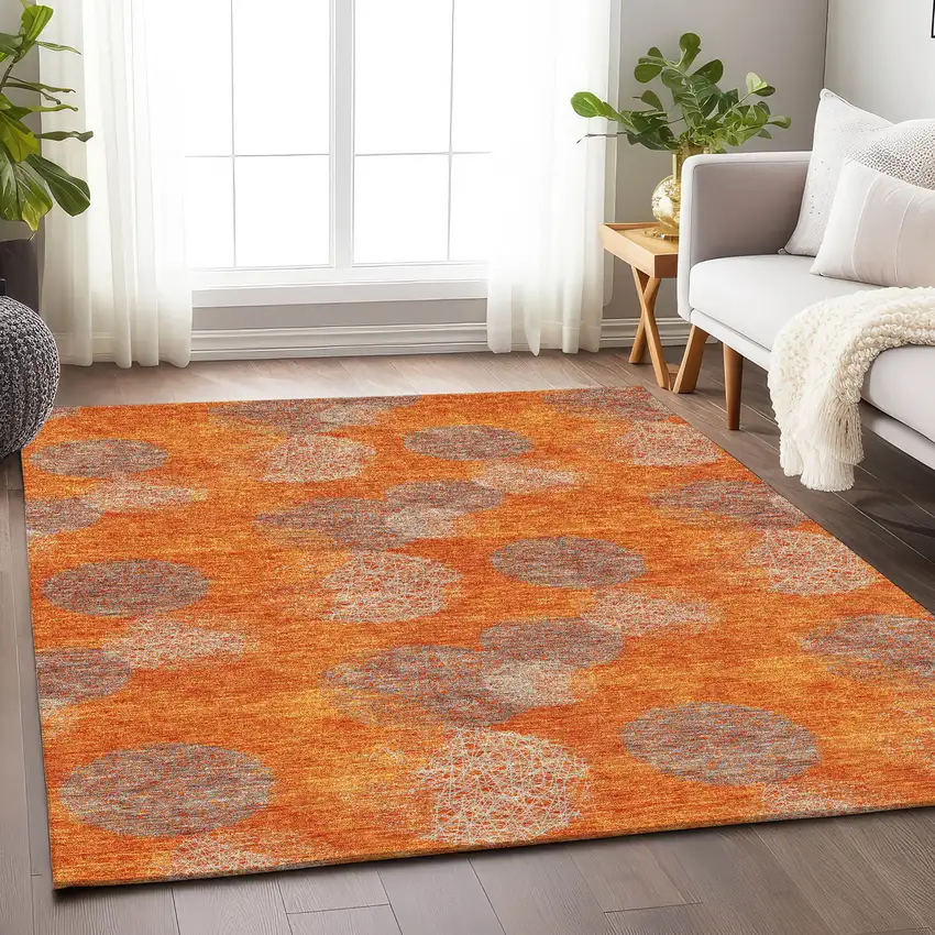 Orange Gray And Silver Abstract Washable Area Rug With UV Protection Photo 4