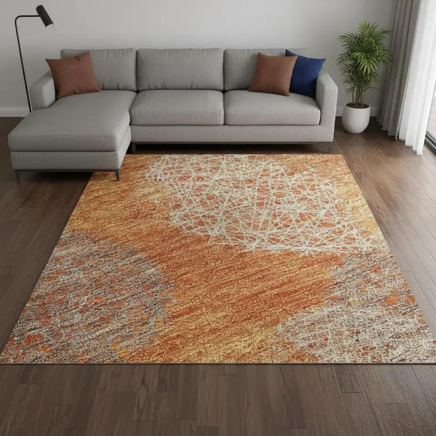 Orange Gray And Silver Abstract Washable Area Rug With UV Protection Photo 2