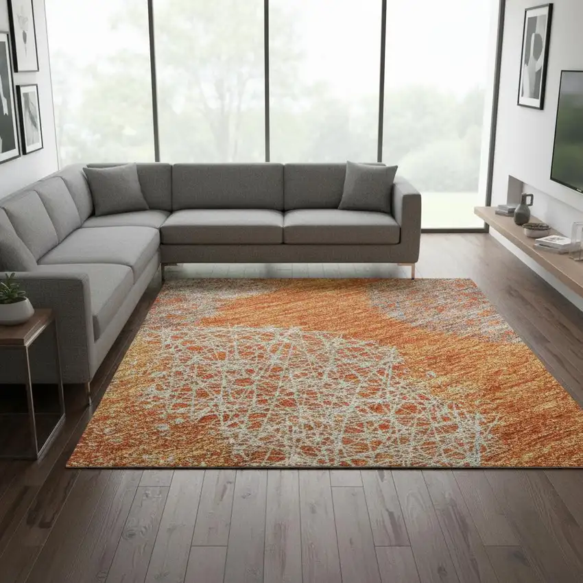 Orange Gray And Silver Abstract Washable Area Rug With UV Protection Photo 2