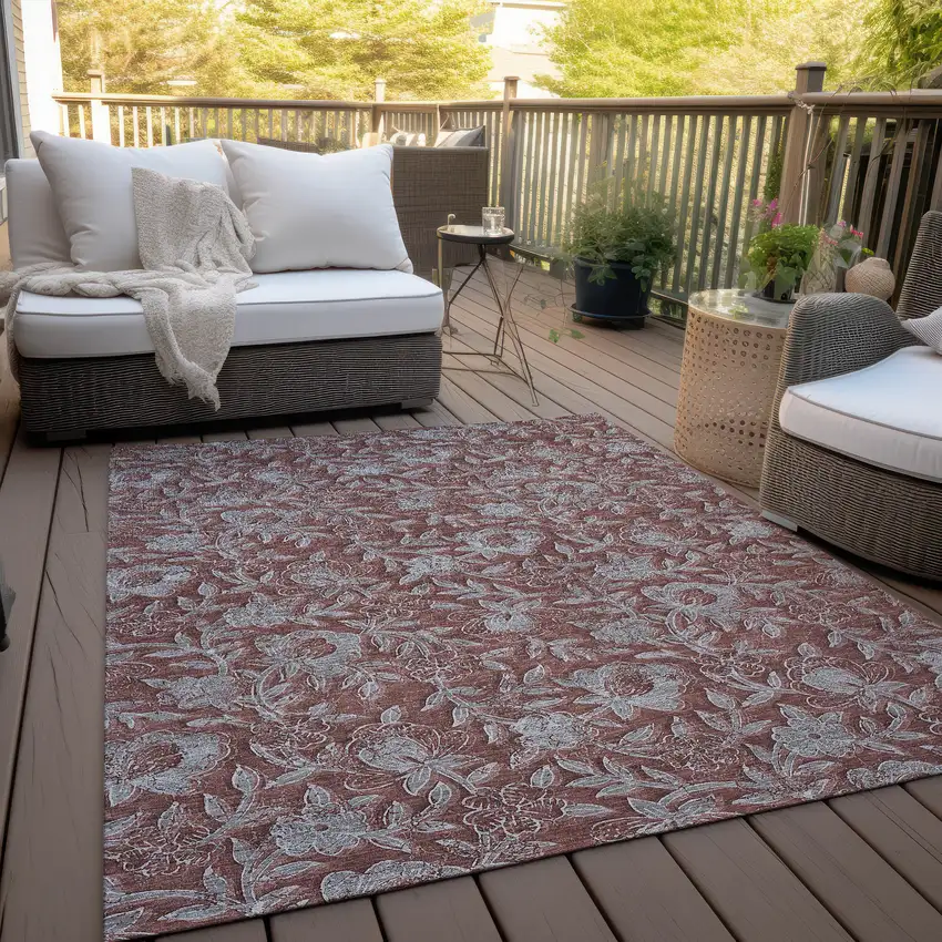 Orange Gray And Silver Floral Washable Indoor Outdoor Area Rug Photo 8