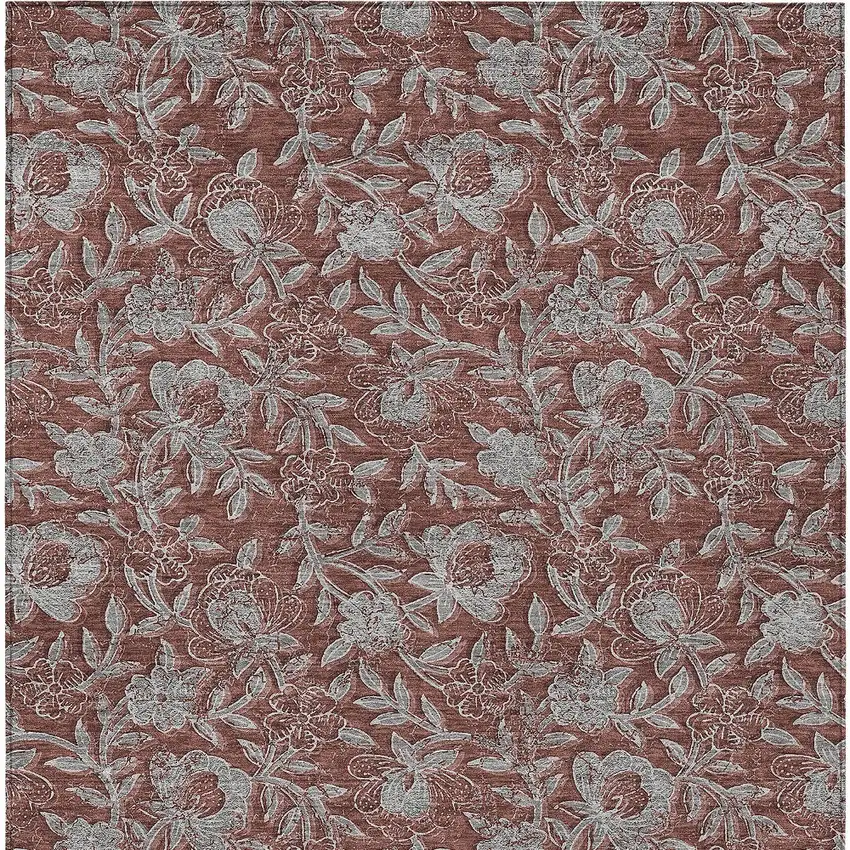 Orange Gray And Silver Floral Washable Indoor Outdoor Area Rug Photo 6
