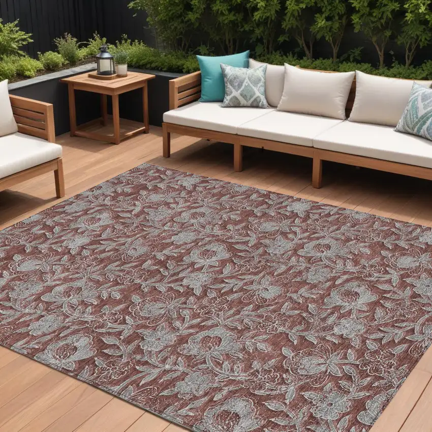 Orange Gray And Silver Floral Washable Indoor Outdoor Area Rug Photo 1