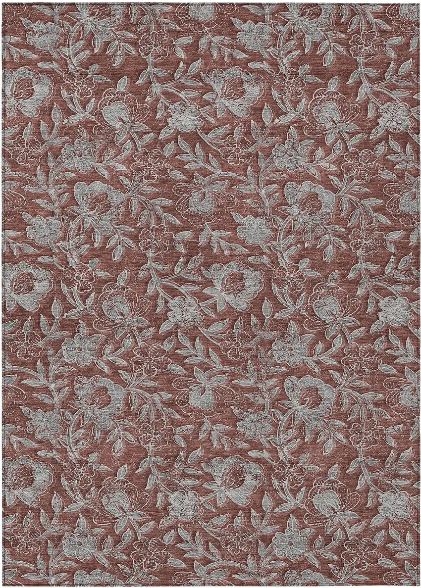 Orange Gray And Silver Floral Washable Indoor Outdoor Area Rug Photo 2