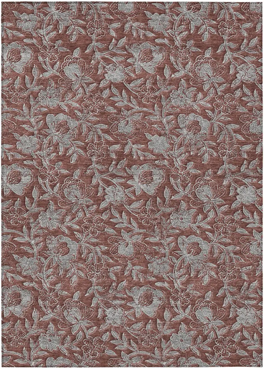 Orange Gray And Silver Floral Washable Indoor Outdoor Area Rug Photo 2