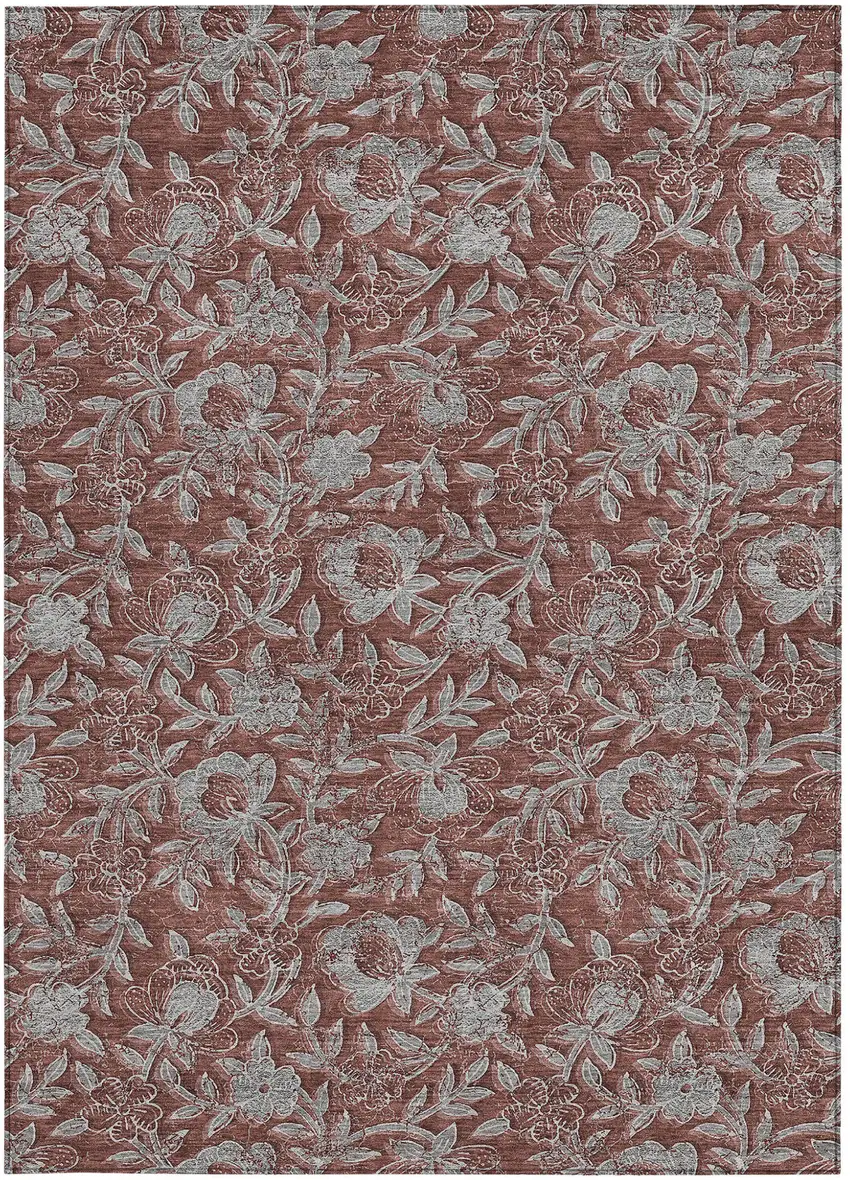 Orange Gray And Silver Floral Washable Indoor Outdoor Area Rug Photo 7