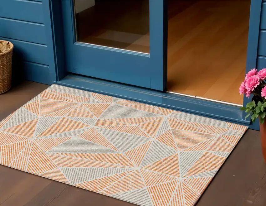 Orange Gray And Silver Geometric Washable Indoor Outdoor Area Rug Photo 1