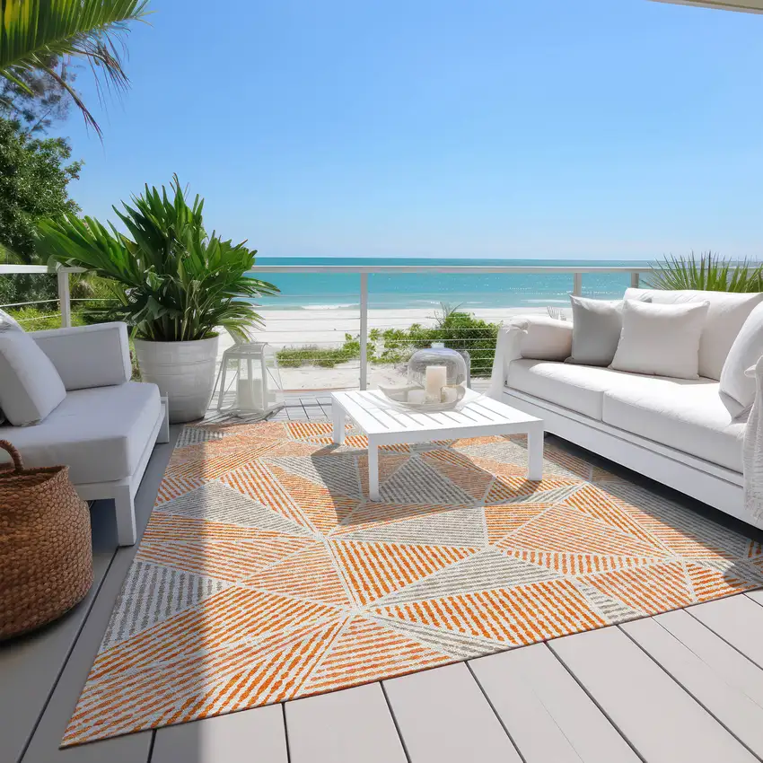 Orange Gray And Silver Geometric Washable Indoor Outdoor Area Rug Photo 7