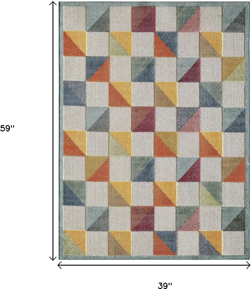 Ivory Geometric Stain Resistant Indoor Outdoor Area Rug Photo 3