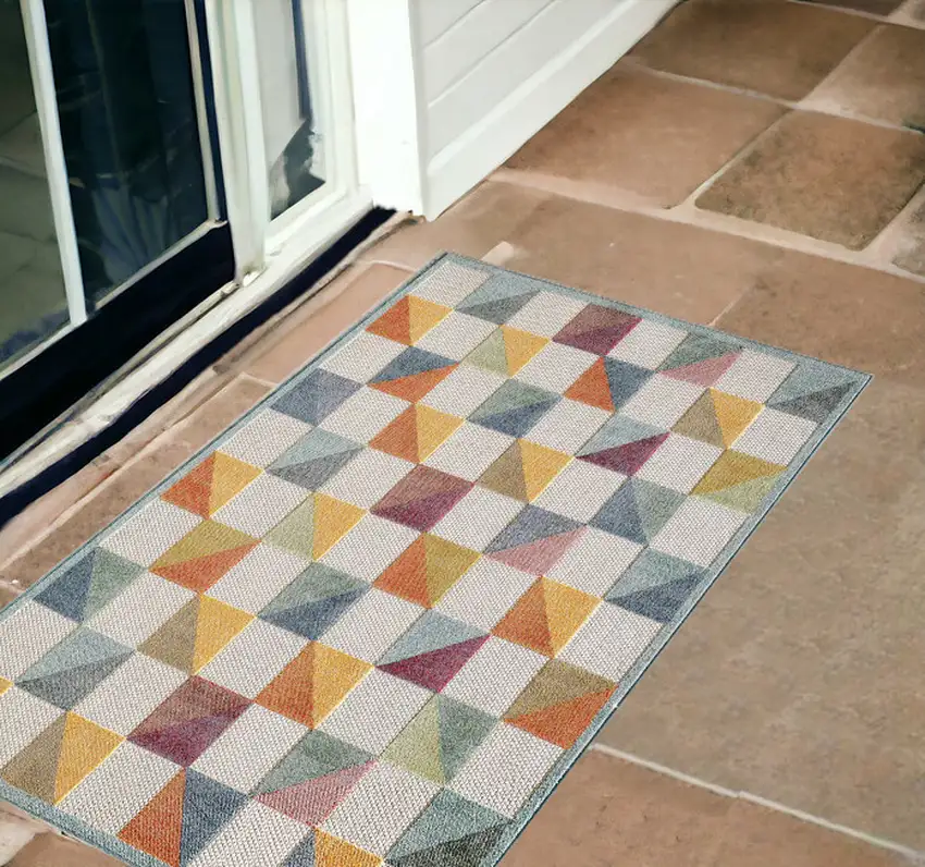 Ivory Geometric Stain Resistant Indoor Outdoor Area Rug Photo 1