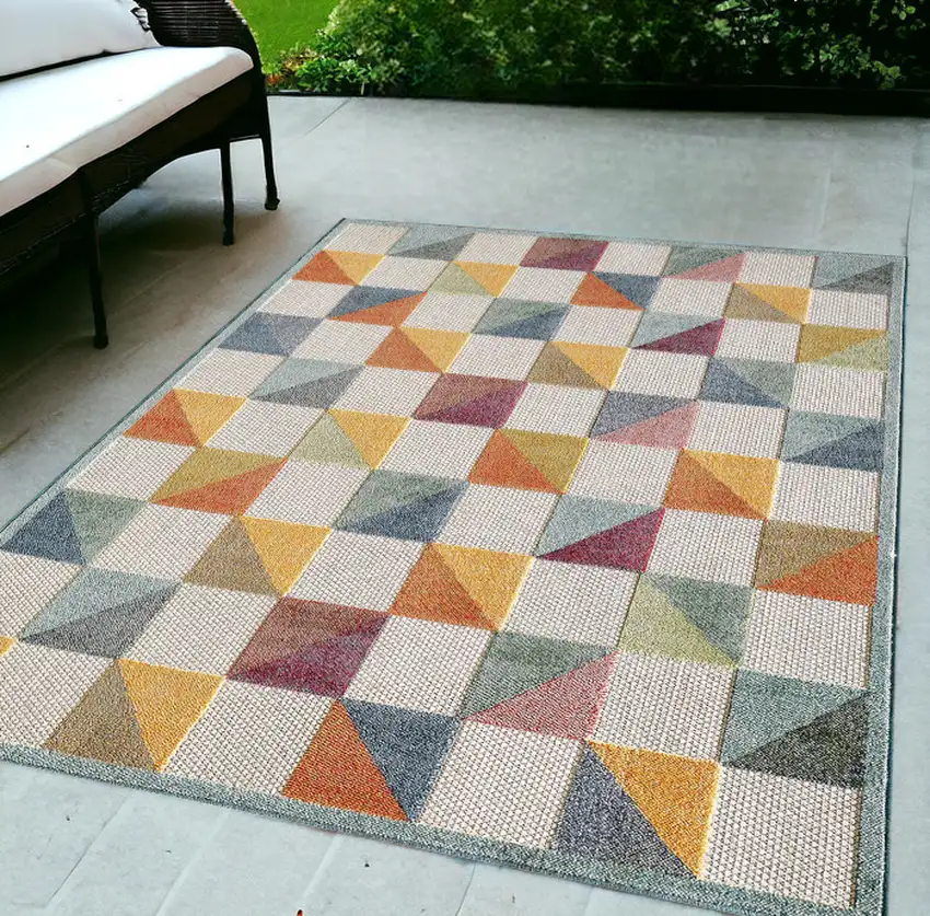 Orange And Ivory Geometric Stain Resistant Indoor Outdoor Area Rug Photo 1