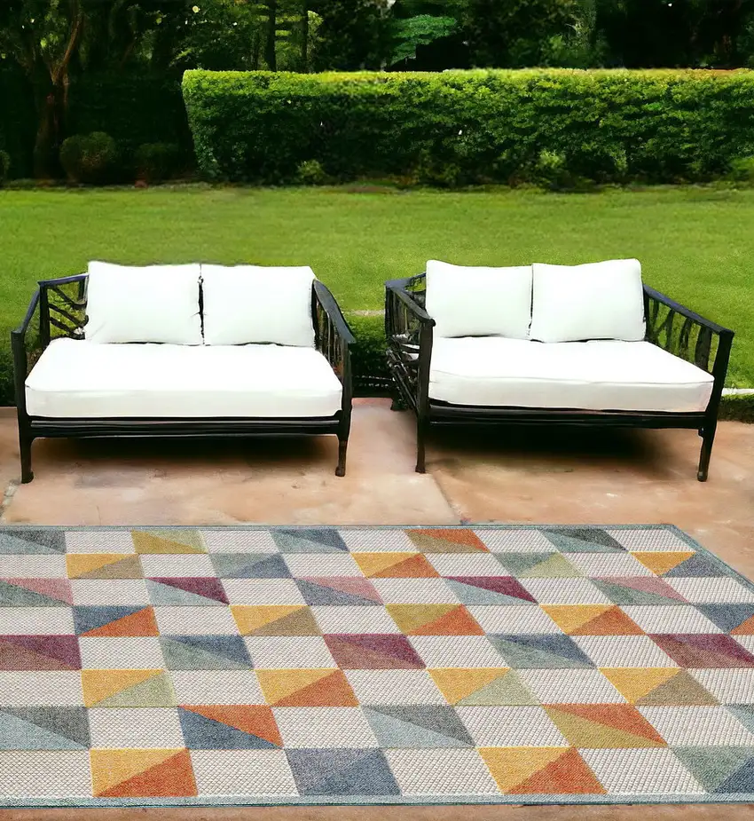 Ivory Geometric Stain Resistant Indoor Outdoor Area Rug Photo 1