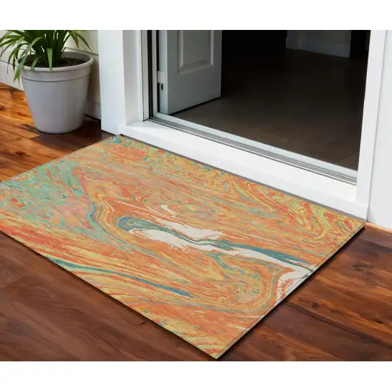 Orange Green And Beige Abstract Washable Indoor Outdoor Area Rug Photo 1