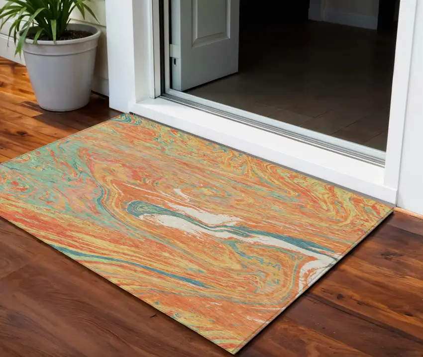 Orange Green And Beige Abstract Washable Indoor Outdoor Area Rug Photo 1