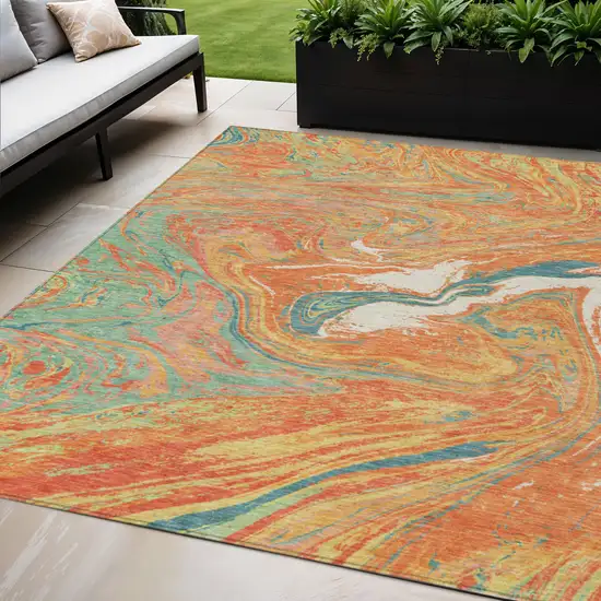 Orange Green And Beige Abstract Washable Indoor Outdoor Area Rug Photo 1