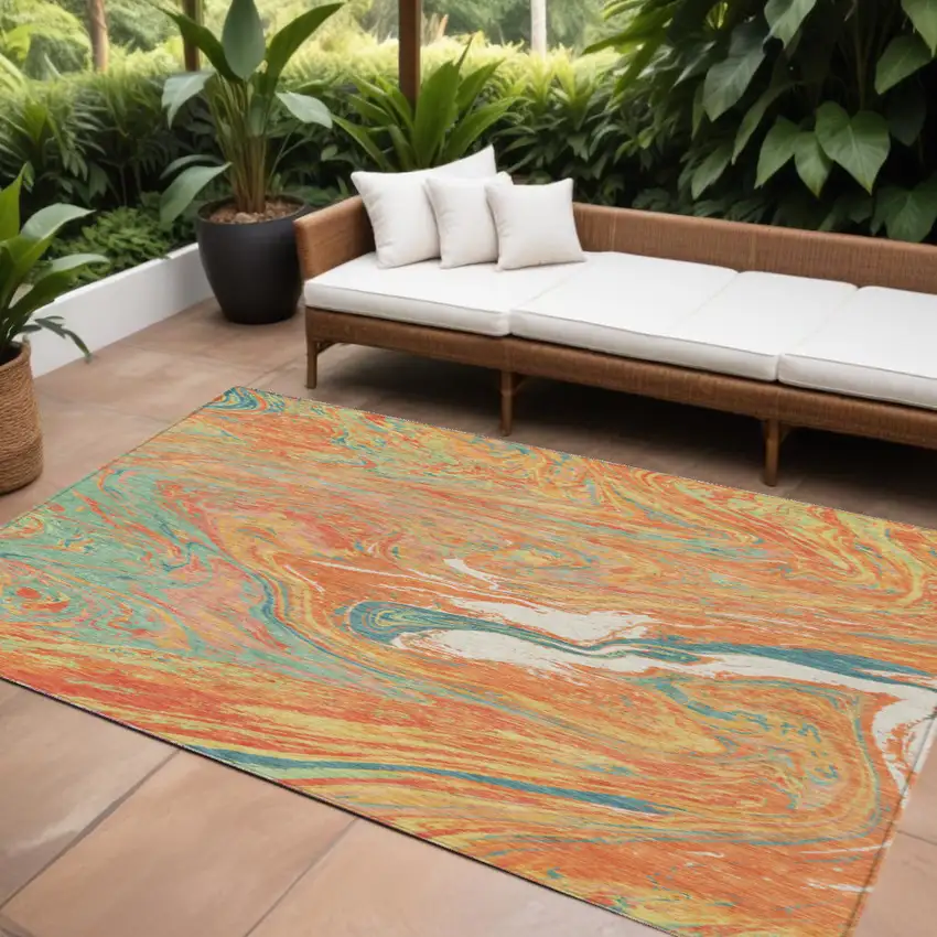 Orange Green And Beige Abstract Washable Indoor Outdoor Area Rug Photo 1