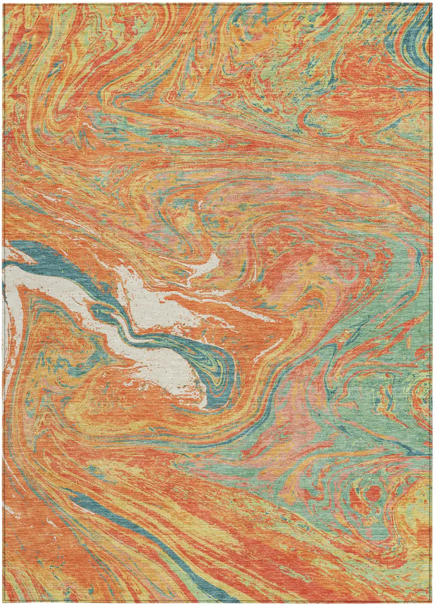 Orange Green And Beige Abstract Washable Indoor Outdoor Area Rug Photo 7