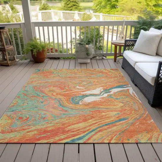 Orange Green And Beige Abstract Washable Indoor Outdoor Area Rug Photo 8